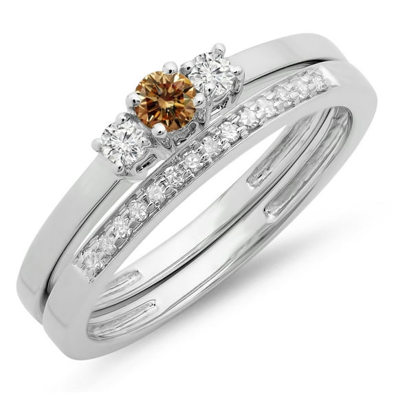 Dazzlingrock Collection 0.33 Carat (ctw) 14K Champagne & White Diamond Engagement 3 Stone Ring Set 1/3 CT, White Gold, Size 5