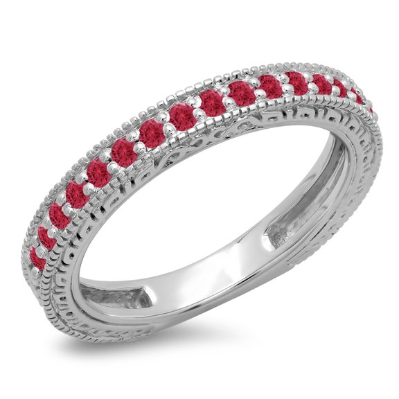 Dazzlingrock Collection 0.33 Carat (ctw) 14K Round Cut Red Ruby Millgrain Wedding Stackable Band 1/3 CT, White Gold, Size 10