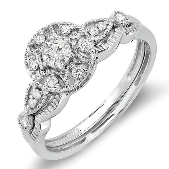 Dazzlingrock Collection 0.33 Carat (ctw) 14K Round Diamond Ladies Engagement Ring Matching Band Set 1/3 CT, White Gold, Size 4.5