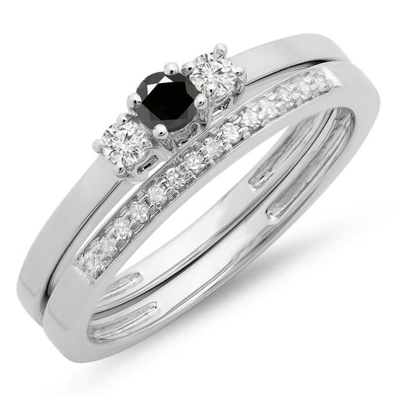 Dazzlingrock Collection 0.33 Carat (ctw) 14K White & Black Diamond Engagement 3 Stone Ring Band Set 1/3 CT, White Gold, Size 7