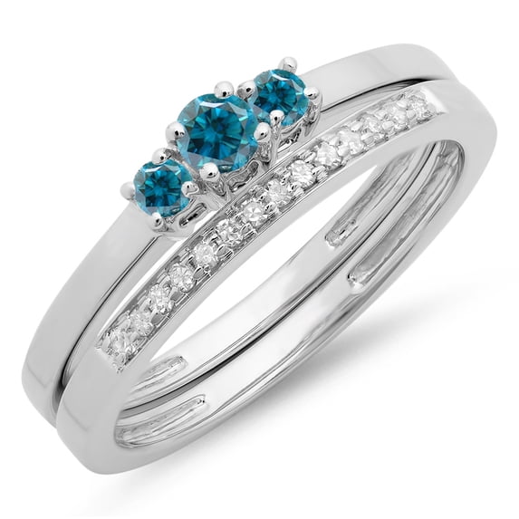 Dazzlingrock Collection 0.33 Carat (ctw) 14K White & Blue Diamond Engagement 3 Stone Ring Band Set 1/3 CT, White Gold, Size 7