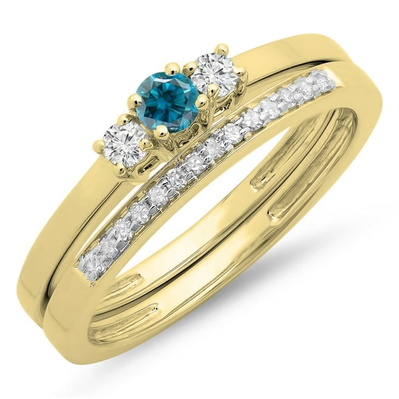 Dazzlingrock Collection 0.33 Carat (ctw) 14K White & Blue Diamond Engagement 3 Stone Ring Band Set 1/3 CT, Yellow Gold, Size 7