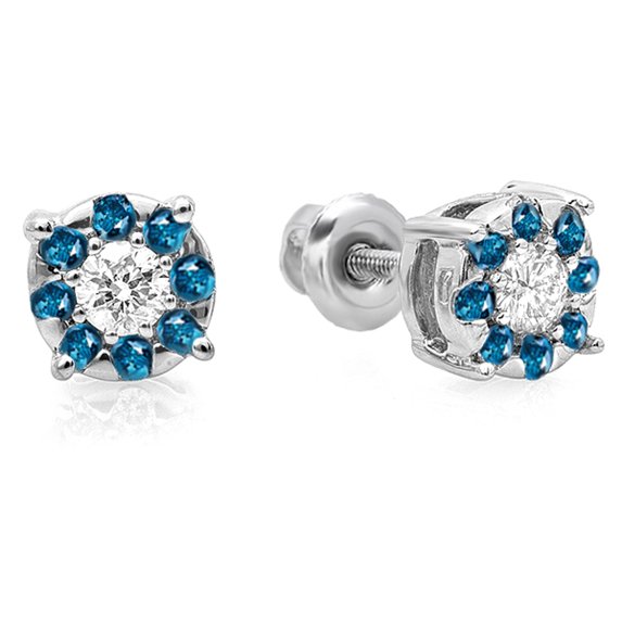 Dazzlingrock Collection 0.33 Carat (ctw) 18K Blue & White Diamond Round Shape Cluster Earrings 1/3 CT Look of 1 CT, White Gold