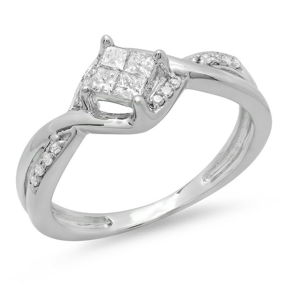 Dazzlingrock Collection 0.33 Carat (ctw) 18K Princess & Round Diamond Swirl Wave Engagement Ring 1/3 CT, White Gold, Size 6