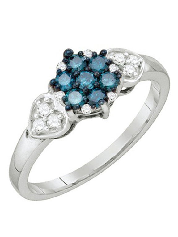 Collection 0.36 Carat (ctw) 10k Blue & White Diamond Ladies Cluster Flower Right Hand Ring, White Gold