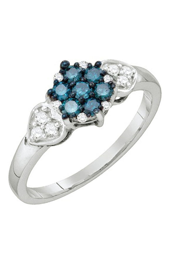 Collection 0.36 Carat (ctw) 10k Blue & White Diamond Ladies Cluster Flower Right Hand Ring, White Gold