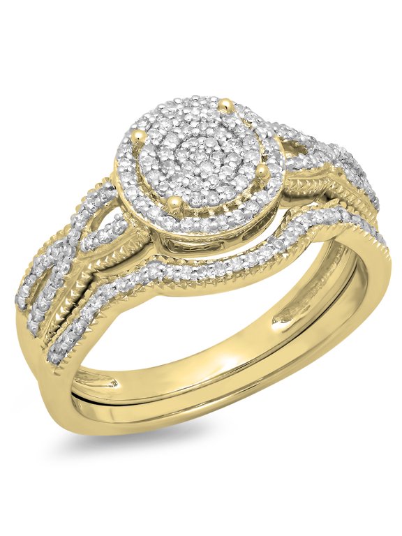 Collection 0.40 Carat (ctw) 10K Round White Diamond Micro Pave Swirl Engagement Ring Set, Yellow Gold, Size 7