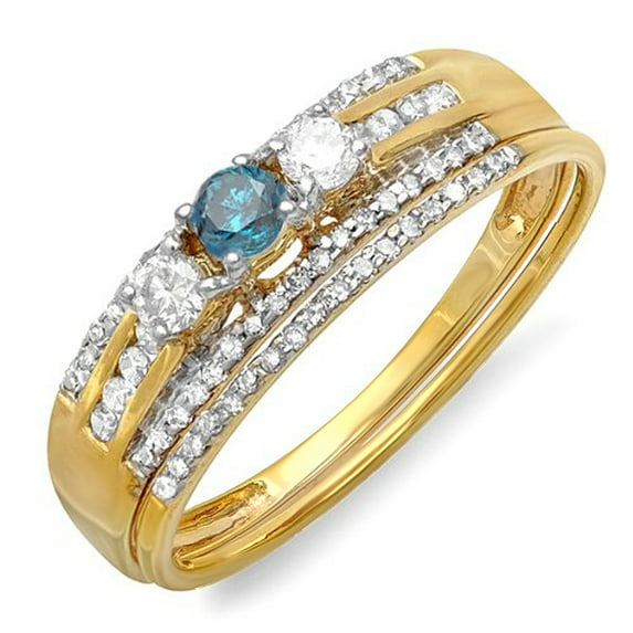Dazzlingrock Collection 0.40 Carat (ctw) 10k Blue And White Diamond 3 Stone Bridal Ring Engagement Set, Yellow Gold, Size 9