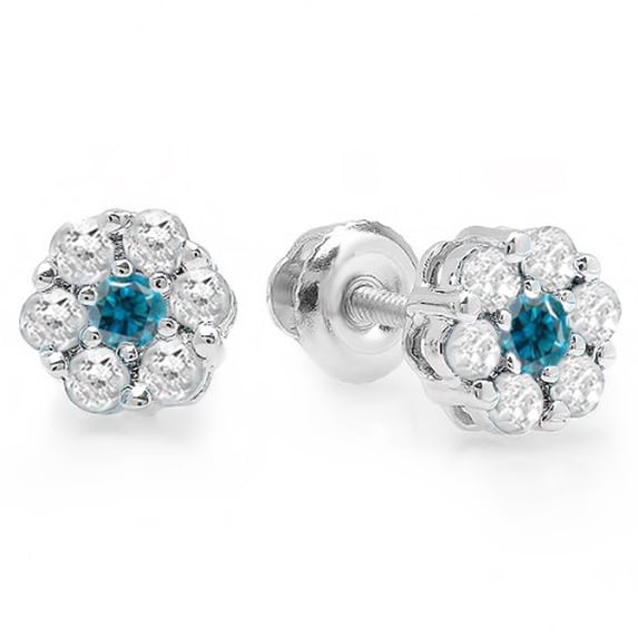 Dazzlingrock Collection 0.40 Carat (ctw) 14K Round Cut White & Blue Diamond Ladies Cluster Flower Stud Earrings, White Gold