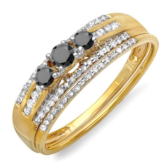Dazzlingrock Collection 0.40 Carat (ctw) 18k Black And White Diamond 3 Stone Bridal Ring Engagement Set, Yellow Gold, Size 9