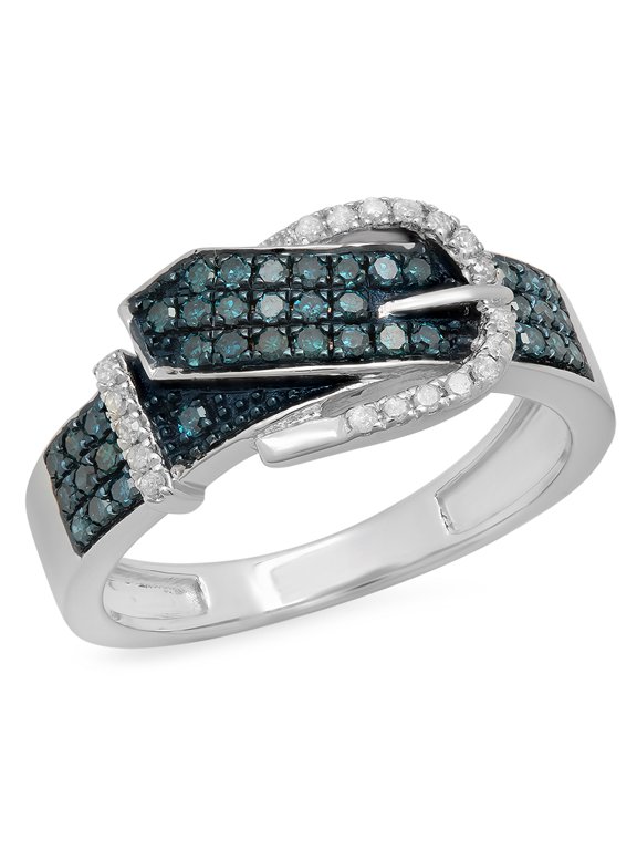 Collection 0.40 Carat (ctw) Sterling Silver Round Blue & White Diamond Buckle Right Hand Band, Size 8.5