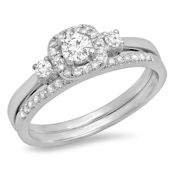Dazzlingrock Collection 0.45 Carat (Ctw) 14K Round White Diamond 3 Stone Halo Bridal Engagement Ring Set, White Gold, Size 8.5