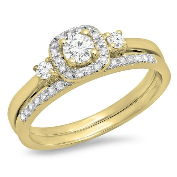 Dazzlingrock Collection 0.45 Carat (Ctw) 14K Round White Diamond 3 Stone Halo Bridal Engagement Ring Set, Yellow Gold, Size 4