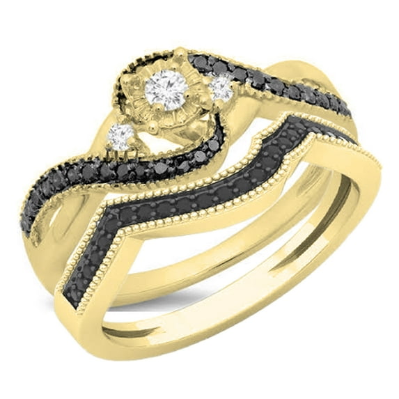 Dazzlingrock Collection 0.45 Carat (ctw) 10K Black & White Diamond 3 Stone Engagement Ring Set 1/2 CT, Yellow Gold, Size 4