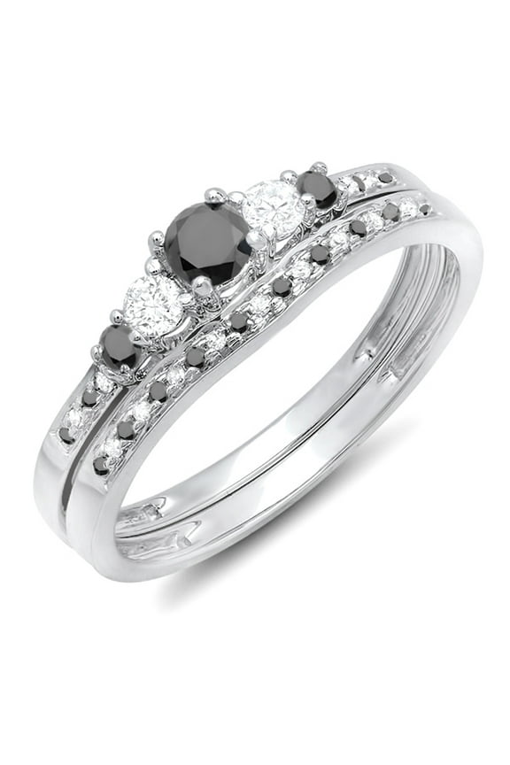 Collection 0.45 Carat (ctw) 10K Black & White Diamond 5 Stone Bridal Ring Set 1/2 CT, White Gold, Size 7