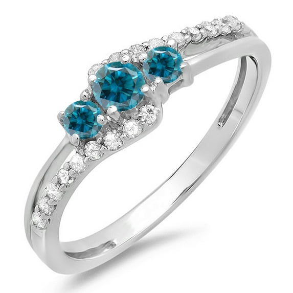 Dazzlingrock Collection 0.45 Carat (ctw) 10K Blue & White Diamond 3 Stone Engagement Promise Ring 1/2 CT, White Gold, Size 8