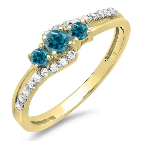 Dazzlingrock Collection 0.45 Carat (ctw) 10K Blue & White Diamond 3 Stone Engagement Promise Ring 1/2 CT, Yellow Gold, Size 8