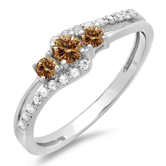 Dazzlingrock Collection 0.45 Carat (ctw) 10K Champagne & White Diamond 3 Stone Engagement Ring 1/2 CT, White Gold, Size 9
