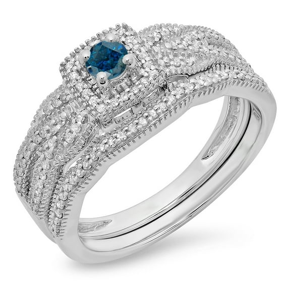 Dazzlingrock Collection 0.45 Carat (ctw) 10K White & Blue Diamond Bridal Halo Ring With Band Set 1/2 CT, White Gold, Size 8