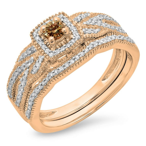 Dazzlingrock Collection 0.45 Carat (ctw) 10K White & Champagne Diamond Halo Engagement Ring Set 1/2 CT, Rose Gold, Size 8