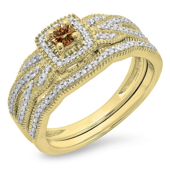 Dazzlingrock Collection 0.45 Carat (ctw) 10K White & Champagne Diamond Halo Engagement Ring Set 1/2 CT, Yellow Gold, Size 6