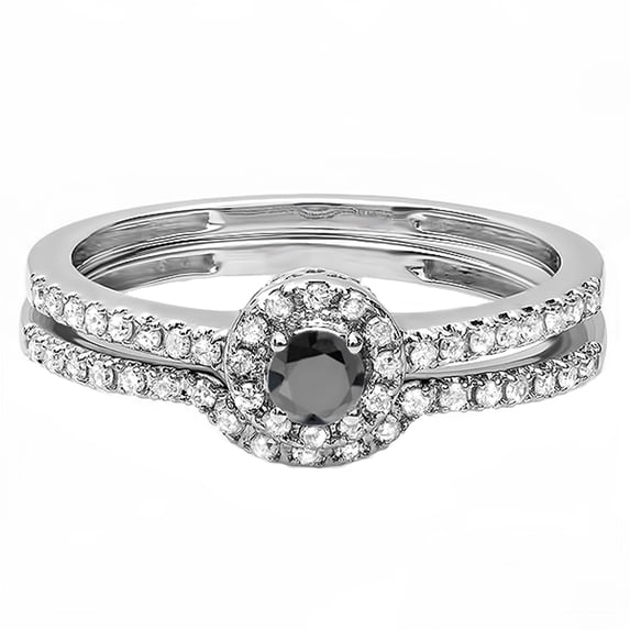 Dazzlingrock Collection 0.45 Carat (ctw) 10k Round Black & White Diamond Halo Style Engagement Ring Set, White Gold, Size 5.5