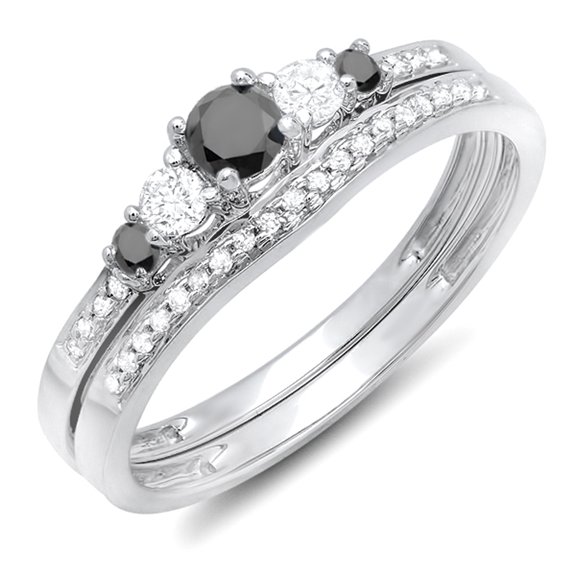 Dazzlingrock Collection 0.45 Carat (ctw) 10k Round Black & White Diamond Ladies 5 Stone Engagement Ring Set, White Gold, Size 6