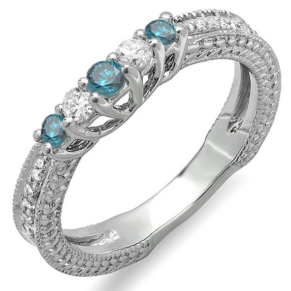 Dazzlingrock Collection 0.45 Carat (ctw) 10k Round Blue & White Diamond Wedding Band Guard Enhancer Ring, White Gold, Size 5