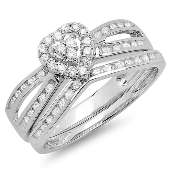Dazzlingrock Collection 0.45 Carat (ctw) 10k Round Diamond Ladies Split Shank Heart Shaped Bridal Engagement Ring Matching Band Set 1/2 CT, White Gold, Size 6