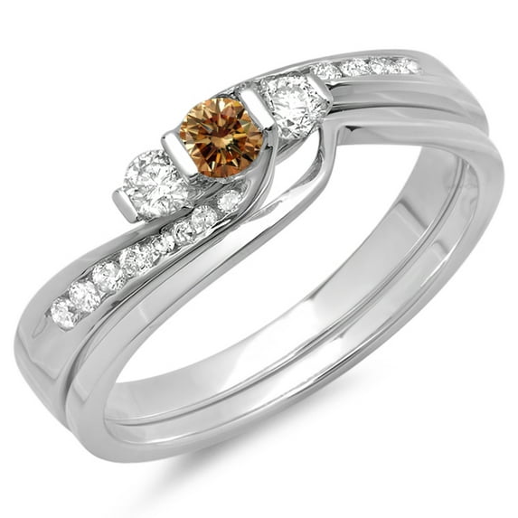 Dazzlingrock Collection 0.45 Carat (ctw) 14K Champagne & White Diamond 3 Stone Engagement Ring Set 1/2 CT, White Gold, Size 9.5
