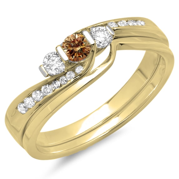 Dazzlingrock Collection 0.45 Carat (ctw) 14K Champagne & White Diamond 3 Stone Engagement Ring Set 1/2 CT, Yellow Gold, Size 5