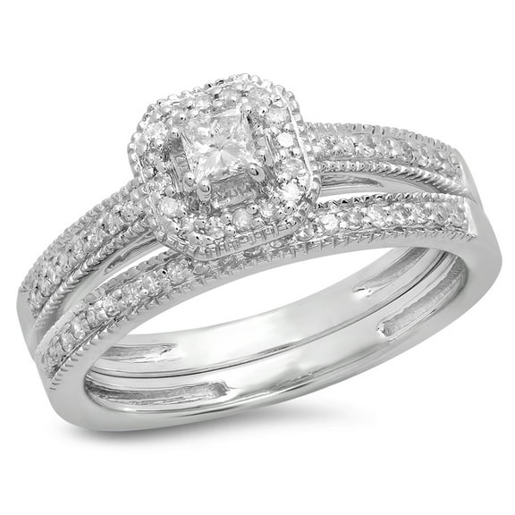 Dazzlingrock Collection 0.45 Carat (ctw) 14K Princess & Round White Diamond Halo Bridal Ring Set 1/2 CT, White Gold, Size 5