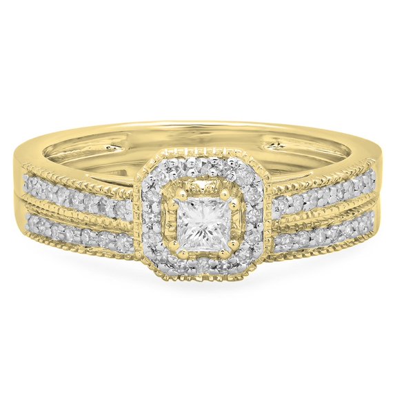 Dazzlingrock Collection 0.45 Carat (ctw) 14K Princess & Round White Diamond Halo Bridal Ring Set 1/2 CT, Yellow Gold, Size 4