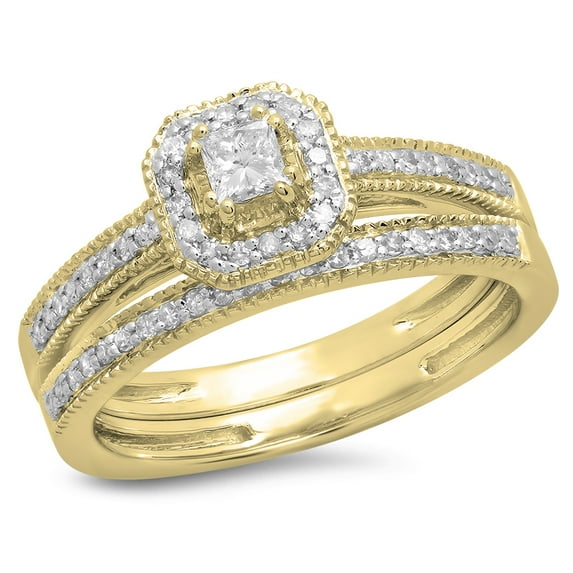 Dazzlingrock Collection 0.45 Carat (ctw) 14K Princess & Round White Diamond Halo Bridal Ring Set 1/2 CT, Yellow Gold, Size 5.5