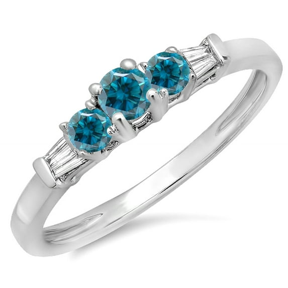 Dazzlingrock Collection 0.45 Carat (ctw) 14K Round And Baguette White And Blue Diamond 3 Stone Bridal Ring, White Gold, Size 8