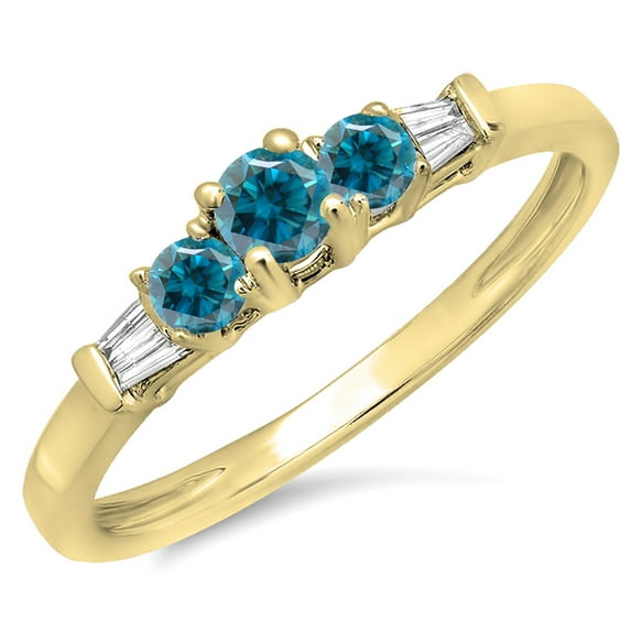Dazzlingrock Collection 0.45 Carat (ctw) 14K Round & Baguette White & Blue Diamond 3 Stone Bridal Ring, Yellow Gold, Size 9