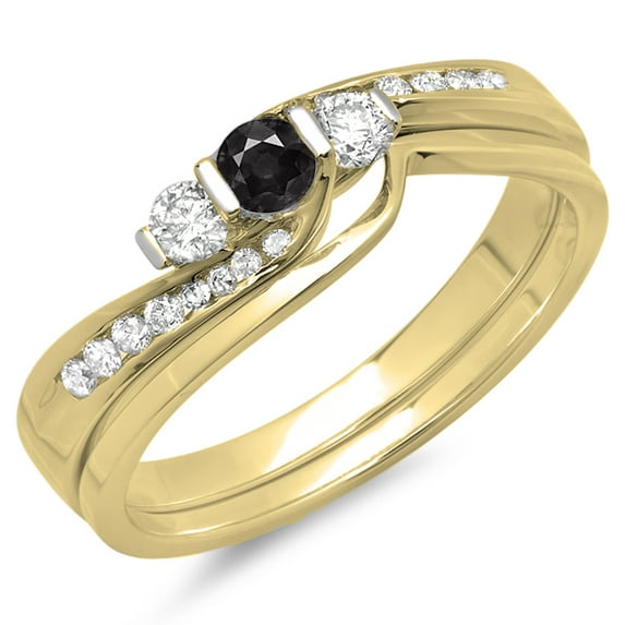 Dazzlingrock Collection 0.45 Carat (ctw) 14K Round Black & White Diamond Swirl 3 Stone Ring Set 1/2 CT, Yellow Gold, Size 9.5