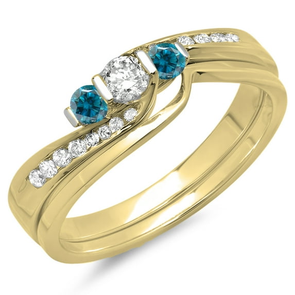 Dazzlingrock Collection 0.45 Carat (ctw) 14K Round Blue & White Diamond Swirl 3 Stone Ring Set 1/2 CT, Yellow Gold, Size 10