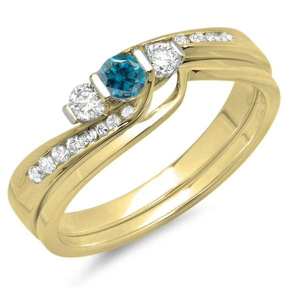 Dazzlingrock Collection 0.45 Carat (ctw) 14K Round Blue & White Diamond Swirl 3 Stone Ring Set 1/2 CT, Yellow Gold, Size 6