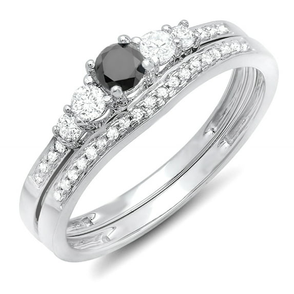 Dazzlingrock Collection 0.45 Carat (ctw) 14k Round Black And White Diamond Ladies 5 Stone Bridal Engagement Ring Matching Band Set 1/2 CT, White Gold, Size 8.5