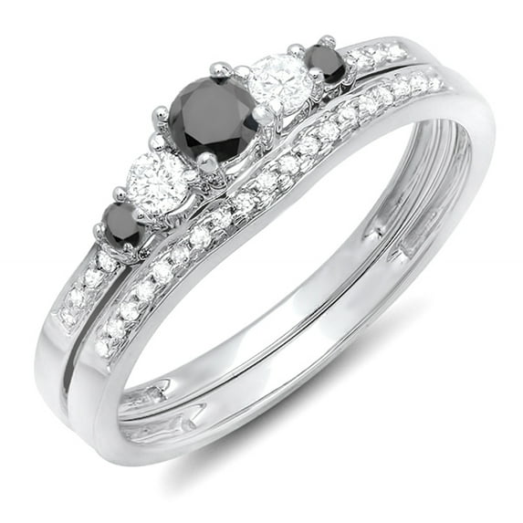 Dazzlingrock Collection 0.45 Carat (ctw) 14k Round Black And White Diamond Ladies 5 Stone Bridal Engagement Ring Matching Band Set 1/2 CT, White Gold, Size 8
