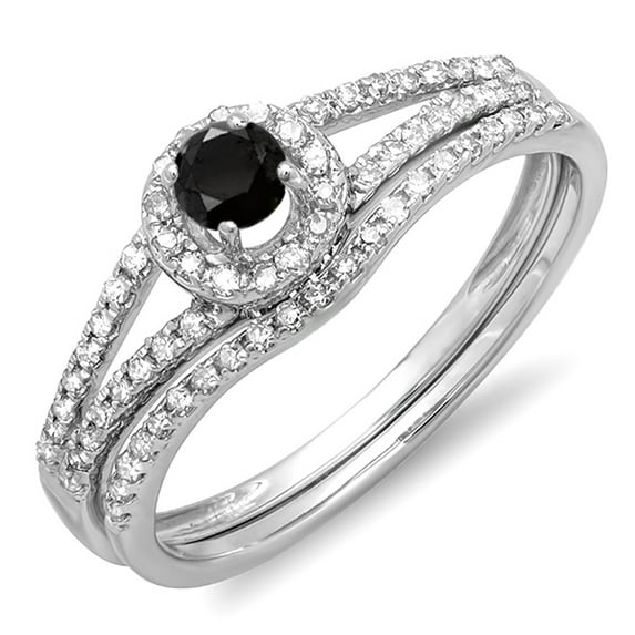 Dazzlingrock Collection 0.45 Carat (ctw) 14k Round Black And White Diamond Ladies Bridal Halo Style Engagement Ring With Wedding Band Set 1/2 CT, White Gold, Size 8.5