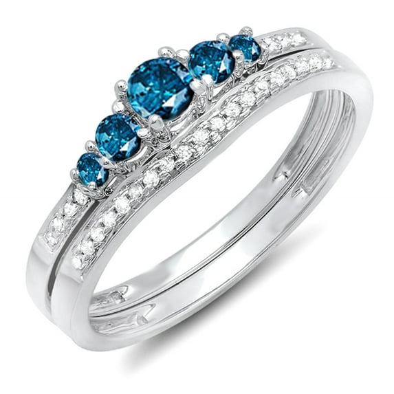 Dazzlingrock Collection 0.45 Carat (ctw) 14k Round Blue And White Diamond Ladies 5 Stone Bridal Engagement Ring Matching Band Set 1/2 CT, White Gold, Size 8.5