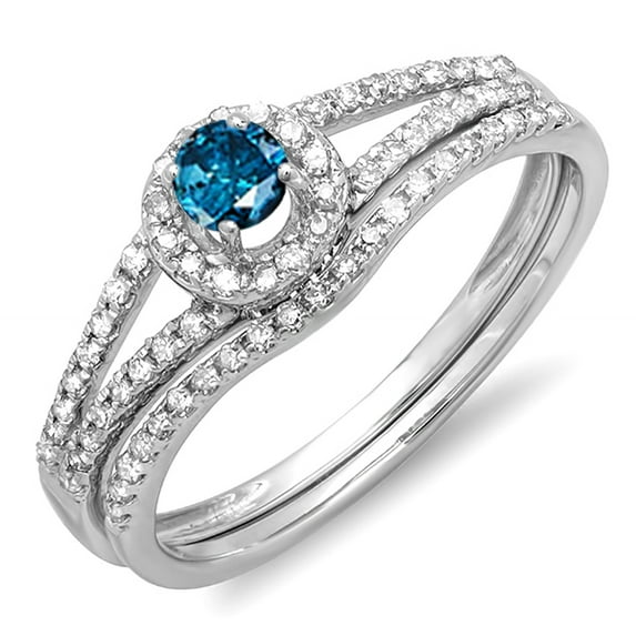 Dazzlingrock Collection 0.45 Carat (ctw) 14k Round Blue And White Diamond Ladies Bridal Halo Style Engagement Ring With Wedding Band Set 1/2 CT, White Gold, Size 8