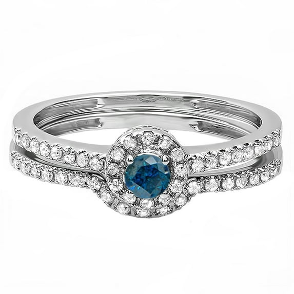 Dazzlingrock Collection 0.45 Carat (ctw) 14k Round Blue And White Diamond Ladies Halo Style Bridal Engagement Ring Matching Band Set 1/2 CT, White Gold, Size 7.5