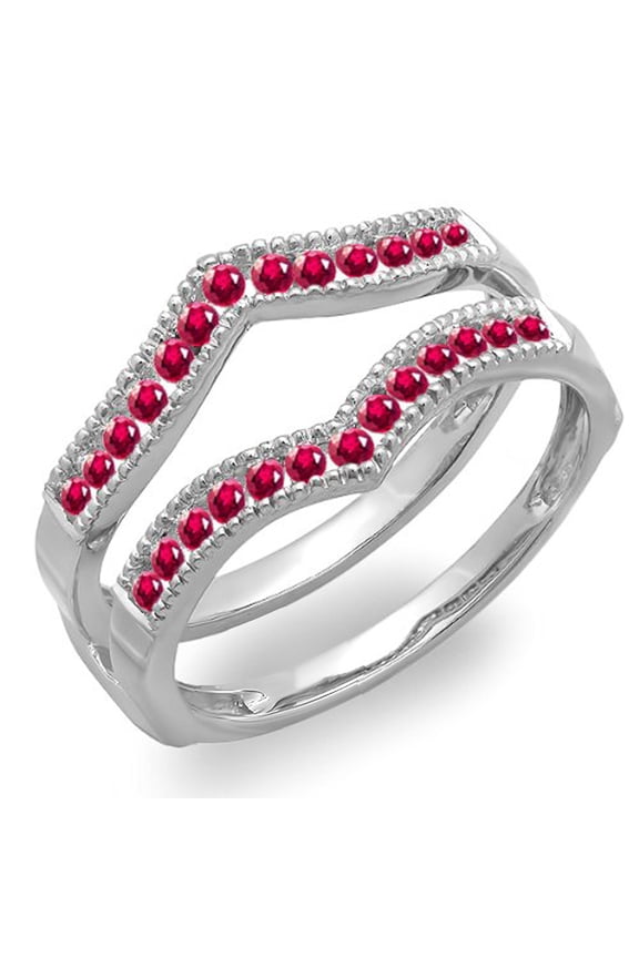 Collection 0.45 Carat (ctw) 14k Round Ruby Ladies Millgrain Wedding Guard Double Ring 1/2 CT, White Gold, Size 7
