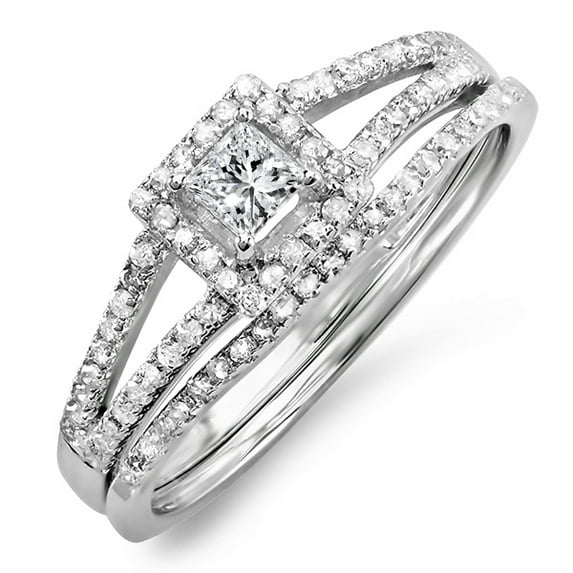 Dazzlingrock Collection 0.45 Carat (ctw) 18k Princess & Round Diamond Bridal Engagement Ring Set 1/2 CT, White Gold, Size 10