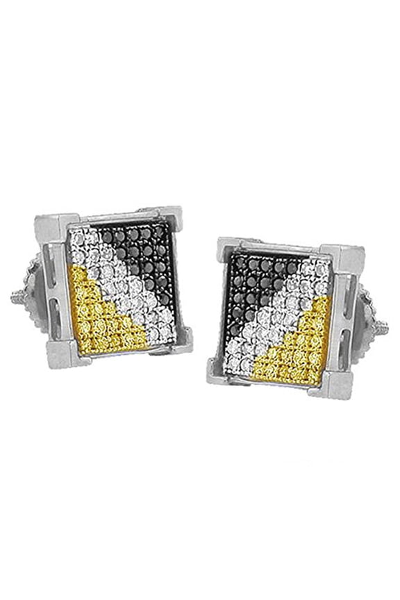 Collection 0.45 Carat (ctw) Round Black, Yellow & White Diamond Hip Hop Iced Stud Earrings for Men in 925 Sterling Silver