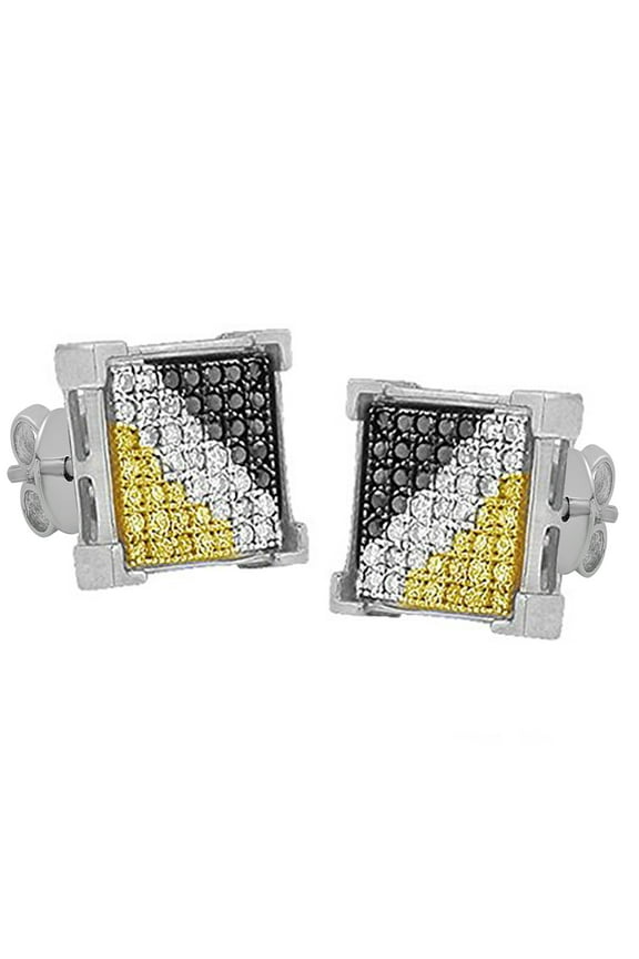 Collection 0.45 Carat (ctw) Round Black, Yellow & White Diamond Hip Hop Iced Stud Earrings for Men in 925 Sterling Silver