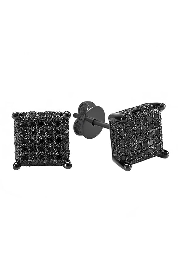 Collection 0.50 CT Round Black Diamond Men Stud Earrings, Black Plated Sterling Silver